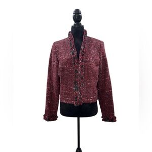 Alfani Red Wool Blend Tweed Fringe Jacket Blazer Sz 12 Dark Academia Corpcore